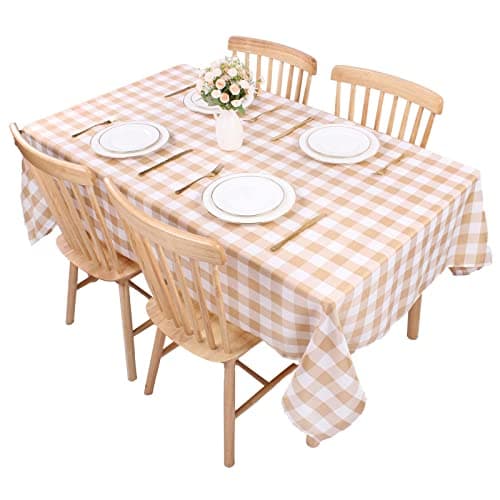 Image of Kesfey Rectangle Gingham Tablecloth Plaid 55x78in Polyester Checkered Tablecloths Gingham Fabric Wipeable Table Cloth Wipe Clean Wrinkle Free Table Cover for Dining (Light Coffee)