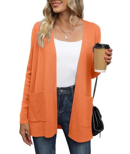 Image of Yommay Cardigan for Women Loose Casual Lightweight Ladies Long Sleeve V-Neck Knitted Sweaters with Pockets,Orange,Large