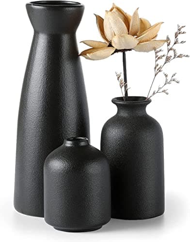 Image of CEMABT Black Ceramic vase Set-3 Small Flower vases for Decor,Modern Boho Farmhouse Home Decor,Decorative vase for Pampas Grass&Dried Flowers,idea Shelf,Table,Bookshelf ,Entryway- Distressed