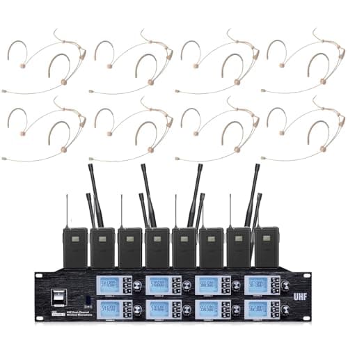 Image of 8 Channel Wireless Microphone System Pro UHF 8 Channel 8 Bodypacks 8 Headsets for School Drama Theatre Stage Performance, Beige Headworn Mics