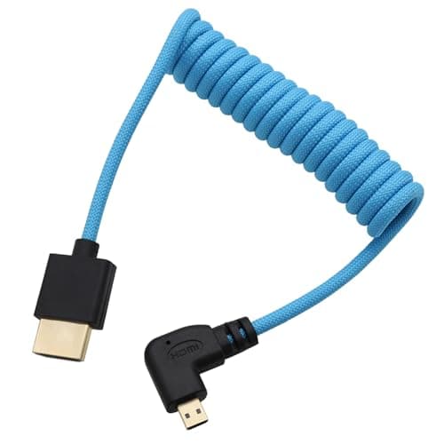 Image of HangTon Micro HDMI to HDMI ProRes RAW 4K 8K 60fps Blue Braided Coiled Cable for Sony ZVE-10 A7C Canon R5 R6 MKII Lumix Camera SmallHD ATOMOS Ninja V Monitor, 90-degree Type D