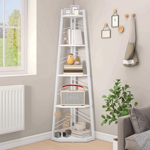 Image of DWVO Corner Shelf 5 Tiers, Corner Bookshelf with Metal Frame, Industrial Ladder Bookcase Floorstanding Display Shelf Tall Storage Rack for Living Room Kitchen Bedroom, Pure White Book Shelves