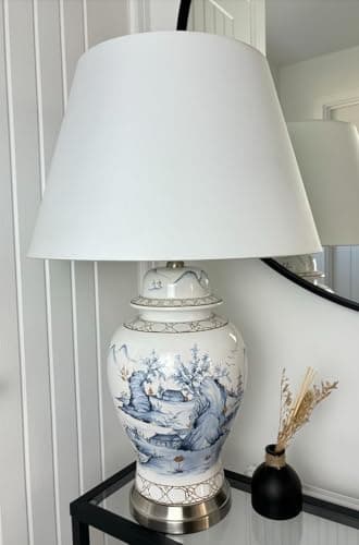 Image of DOWNTON INTERIORS Large White Chinese Oriental Ceramic Porcelain Table Lamp Blue Landscape Pattern Overall Height 66cm G2114 (White Plain Shade)