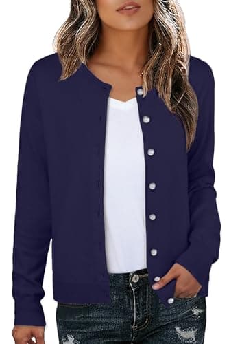 Image of GRECERELLE Womens Soft Cardigans Elegant Lightweight Long Sleeve Ladies Cardigan Knit Jumper Pearl Button Down Sweaters for Women UK, Autumn, Winter, Dating and Party (Navy Blue, M)