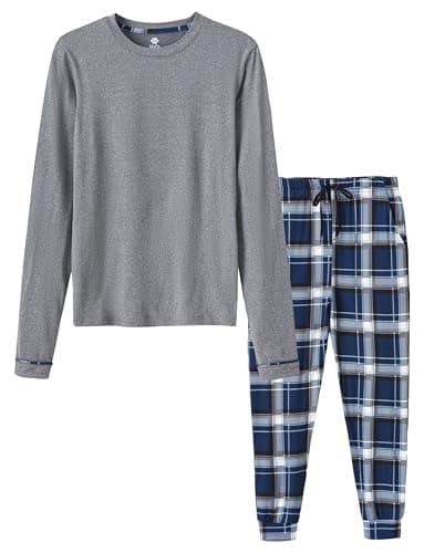 Image of MoFiz Boys Long Pyjamas Sets Nightwear Soft Cozy Long Sleeve Pyjama Top & Plaid Bottoms Pajamas Sleepwear Loungewer Pjs Set 8-9 Years Grey Size S