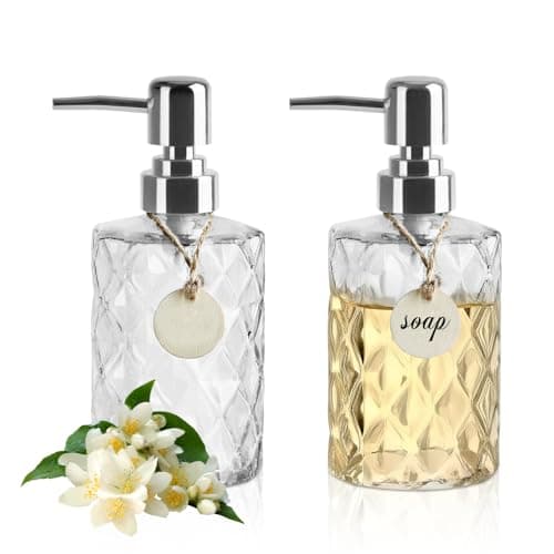 Image of 2pcs Glass Soap Dispenser Bottle with Pump, 11.6 oz Refillable Liquid Hand Jar Dispenser with Label, Dish Soap Dispenser Hand Wash Dispenser for Bathroom, Kitchen, Countertop, Laundry Room (Clear)