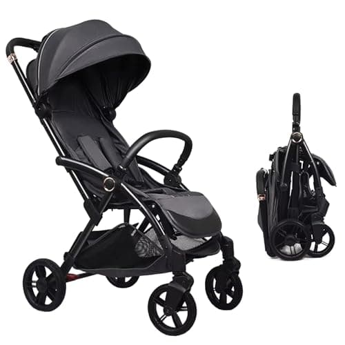 Image of Babibot Compact Baby Stroller for Toddlers Up to 4 Years with One-Hand fold Pushchair, Reclining Seat, Double Brake, 5-Point Harness, PU Wheels, Adjustable Canopy, Cup Holder and Rain Cover, Black