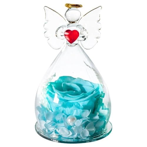 Image of Preserved Blue Rose in Glass Angel Figurine - Eternal Real Flower Gift - Handmade Decoration for Birthday Anniversary Mother's Day Valentine's Day Memorial Home Decor JR5225