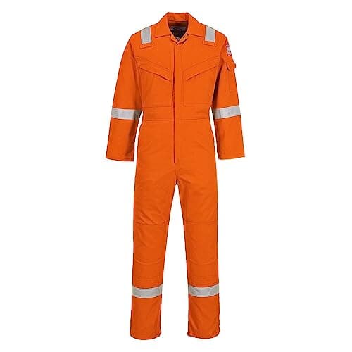 Image of Portwest FR21 Men's Bizflame FR Lightweight Fireproof Coverall Flame Resistant Overall Anti-Static Welding Safety Boiler Suit 100% Cotton Reflective Knee Pad Pockets, Orange, L