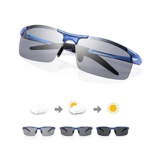 Image of TJUTR Men's Photochromic Sunglasses Polarised Sunglasses for Driving Metal Wrap-around Semi-Rimless Frame with UV400 Protection (NavyBlue(sports)/Discolor)(Size:M)
