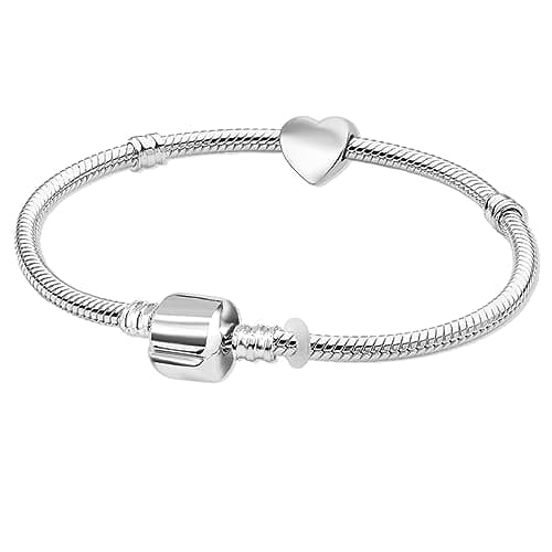 Image of Girls Silver Plated Starter Charm Bracelet with Heart – 17 cm Size, Fits Ages 7–12, Gift Box Included, Compatible with European Charms