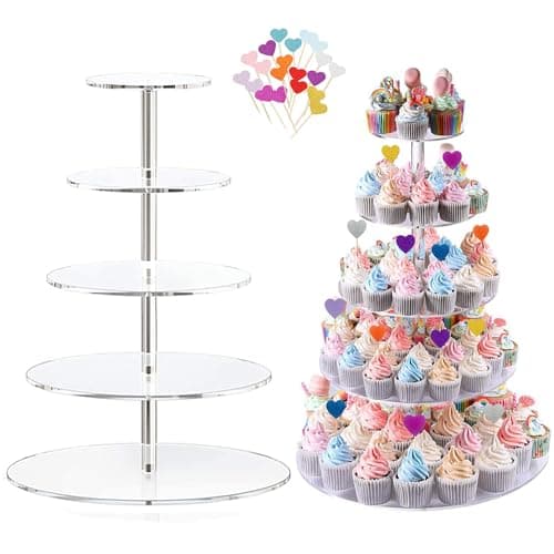 Image of 5 Tier Round Large Acrylic Cupcake Stand with 20 Cake Plugin,Clear Glass Dessert Stand,Acrylic Display Stands Cupcake Tower Pastry Tower for Wedding, Birthday,Bar Parties