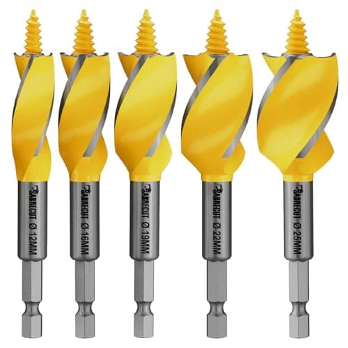 Image of 5 x SabreCut SCAG001 100mm Long (12mm, 16mm, 19mm, 22mm & 25mm) Wood Auger Tri Flute Self Feed Tip Grooved Hex Shank Drill Bit for High Speed Drilling in Wood and MDF