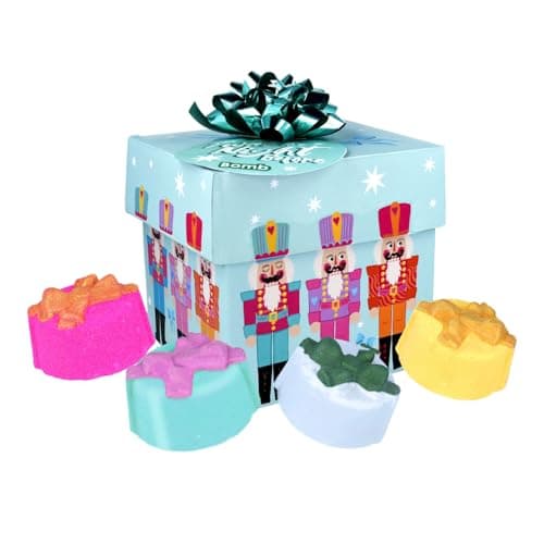 Image of Bomb Cosmetics Cube Gift Pack – 4 Handmade Bath Blasters | Mixed Fragrance Bath Bombs with Essential Oils | Colourful Ribbon Box | Vegan, Cruelty-Free & Handmade (T'was The Night Before)