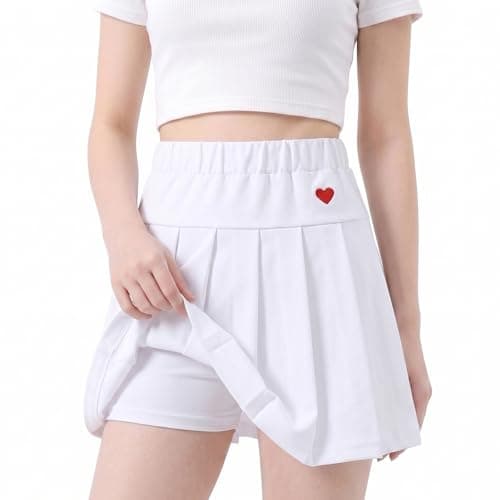 Image of Girls 2-in-1 Pleated Skort for School & Play - Modesty Shorts Skirt with Elasticated Waist - Girls Summer Cotton Skirt with Heart Embroidery, Ages 6-13 (UK, Age, 10 Years, 11 Years, Regular, White)