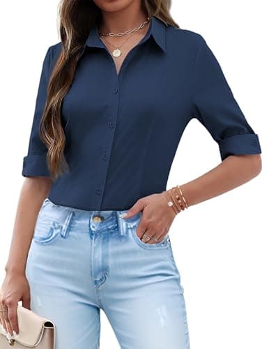 Image of Zeagoo Ladies Shirts 3/4 Sleeve Blouse Button Down Fitted Shirt Business Short Sleeve Blouses V-Neck Ladies Tops Blue L