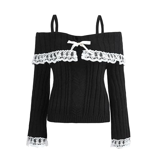 Image of Edhomenn Women's Cute Sweaters Long Sleeve Lace Trim Knit Tops Bow Front Jumper Streetwear (02 Black, XL)