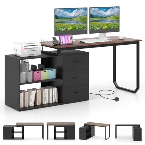 Image of COSTWAY L Shaped Computer Desk with 3 Drawers and 2 Shelves, 140 cm Reversible Home Office Corner Desk with Power Outlet, Modern Corner Executive Desk PC Laptop Workstation (Rustic Brown)