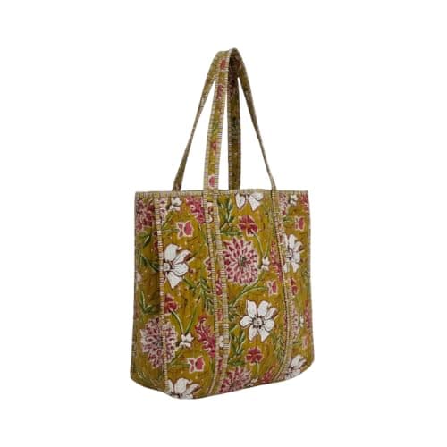 Image of Quilted Cotton Tote Bag for Women | Handmade Floral Printed Shoulder Bag | Lightweight Reusable Shopping & Travel Tote with Long Handles for Daily Use