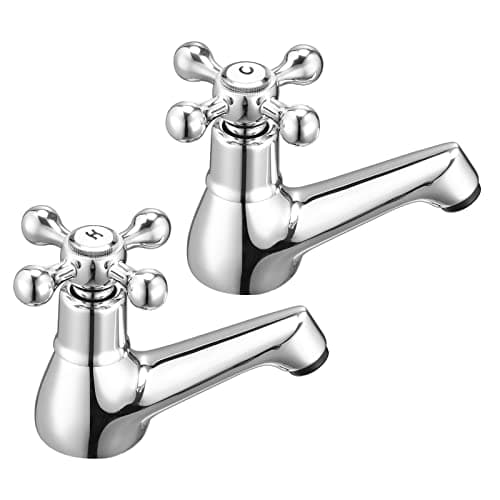 Image of Wasserrhythm Basin Pillar Taps Pair Twin Bathroom Sink Taps Victorian Traditional Chrome Brass Cross Lever Two Wash Basin Tap Hot and Cold Taps Separate 2 Holes