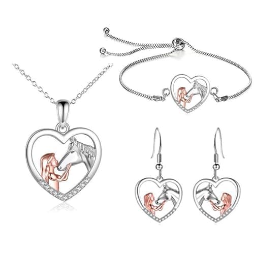 Image of 3 PCS Horse Necklace for Girls, Elegant Horse Jewellery Set with Necklace, Bracelet and Earrings, Gift for Teenage Girls, Birthday and Christmas Presents for Horses Lovers, Stitch Necklaces