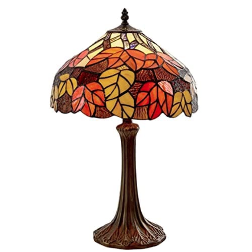 Image of Tiffany Style Table Lamp – Stained Glass Autumn Leaf Shade – Vintage Bedside Lamp – Warm Ambient Lighting – E27 60W – 49cm