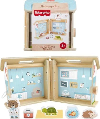 Image of Fisher-Price Wood Pretend Play Toy Pet Hospital Set, 6-Piece Wooden Animal Playset for Travel Preschool Kids Ages 3+ Years, JFG07
