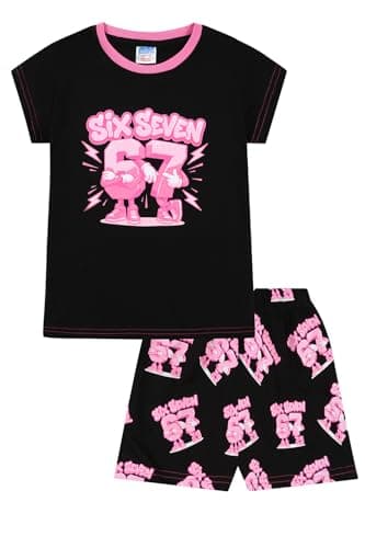 Image of ThePyjamaFactory Girls Six Seven Black Pink Short Pyjamas 67 PJ's for Kids (8-9 Years)