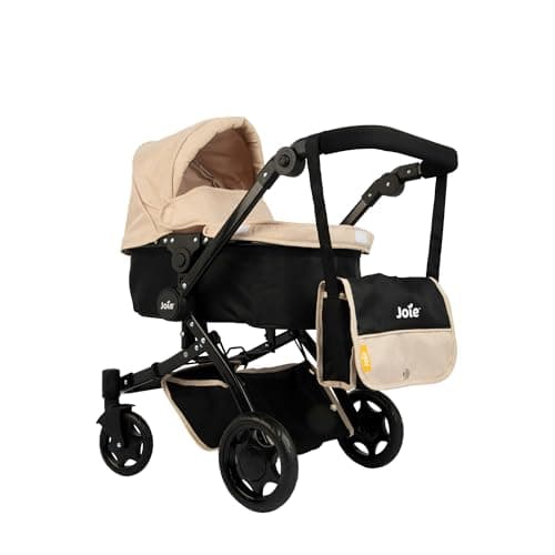 Image of Joie Junior Chrome 3-in-1 Dolls Pram – Stone & Black | Convertible Carrycot, Pushchair & Pram | Foldable Dolls Pushchair with Storage | Adjustable Handle | Toy Pram for Children Aged 3+