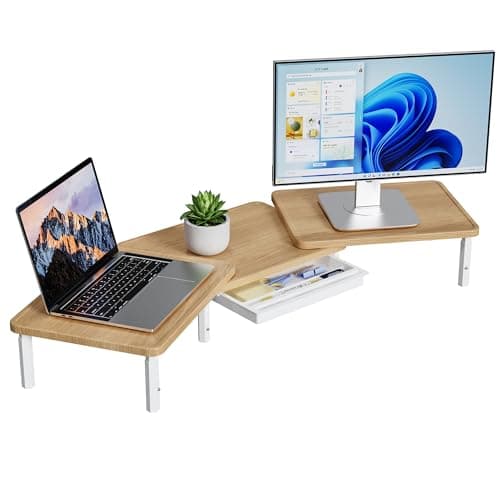 Image of ETHU Dual Monitor Stand Riser for Desk - 3 Adjustable Height Computer Desk Organizer with Storage Drawer, Oak