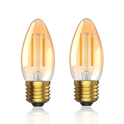 Image of TobeBright 2.5W E27 LED Vintage Light Candle Bulb - E27 Edison Large Screw Light Bulb Warm White 2700K,Filament C35 LED Candle Dim Low Watt Light Bulb,Amber Glass,Equivalent 20W,Non-Dimmable,2-Pack