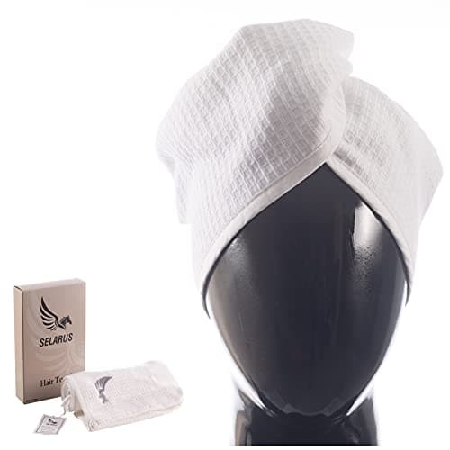Image of SELARUS 100% Turkish Cotton Hair Towel Wrap for Women,Non Microfiber,400-GSM(Grams per Square Metre),AntiFrizz,Hair Plop Waffle Towels for Curly,Long&Thick Hairs,Turban Head Wrap,1Pack10x26inc(White)