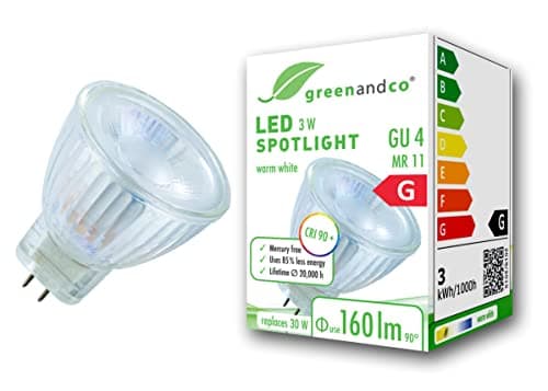 Image of greenandco® CRI 90+ LED spot Replaces 20 Watt GU4 MR11 Halogen Spotlight, 3W 160 Lumen 3000K Warm White 38° 12V AC/DC, no Flicker, not dimmable
