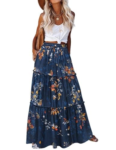 Image of HOTOUCH Skirts for Women UK Elastic High Waist Maxi Skirt winth Pockets Summer Boho Long Skirts Elegant Vintage A-Line Tiered Skirts Floral Cluster Navy XXL