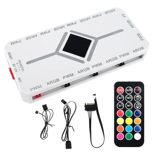 Image of ARGB PWM Fan Hub, Addressable 5V-3PIN 2-in-1 RGB Computer PC Case Fan Hub 1 to 9 Ports Magnetic Splitter with Remote SATA Power Supply, Power Off Memory, White