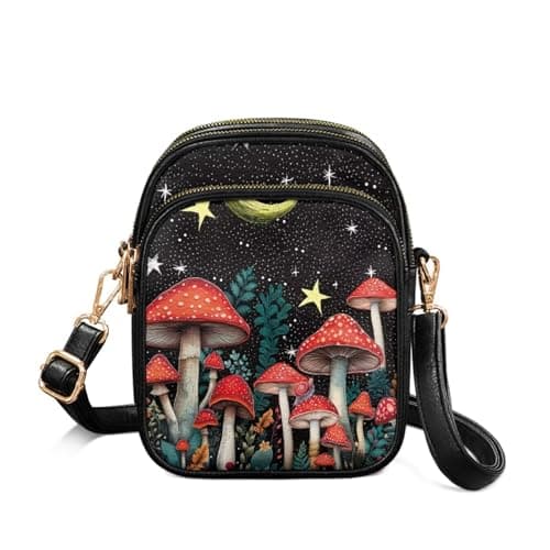 Image of Wnbucioht Womens Leather Shoulder Handbags Moon Mushroom Crossbody Bag Mini Purse for Womens Fashion Tote Bag Messenger Hand Bag Mushroom Leather Crossbody Purse with Adjustable Strap