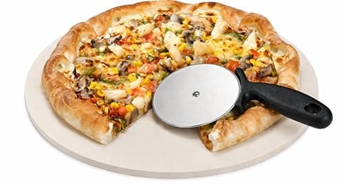 Image of 13 inch Pizza Stone Double-Sided with Pizza Cutter Included - Cordierite Grilling Stone Perfect for Oven, Grill or BBQ - Large Heavy Duty Baking Stone with Heat Retention