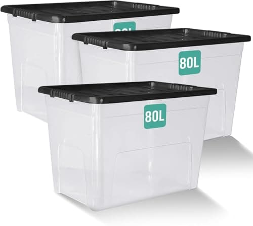 Image of KLASS 3 x 80 Litre Storage Boxes with Lids Set of 3, Clear Multipurpose Nestable Stackable Plastic Storage Box With Lid 80L Clear Containers For Home, Kitchen, Garage, Office, Accessories