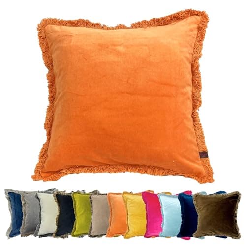 Image of Ragged Rose Felicity Fringe Velvet Cushion Cover - 50cm x 50cm Covers with Zip-Fastening - Living Room & Bedroom Accessories - Orange