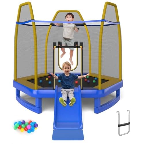 Image of SPOTRAVEL 7FT Kids Trampoline, Outdoor Trampoline with Safety Enclosure, Slide & Ladder, Toddler Jumping Bounce House for Yard, Garden & Gym(Blue + Yellow)