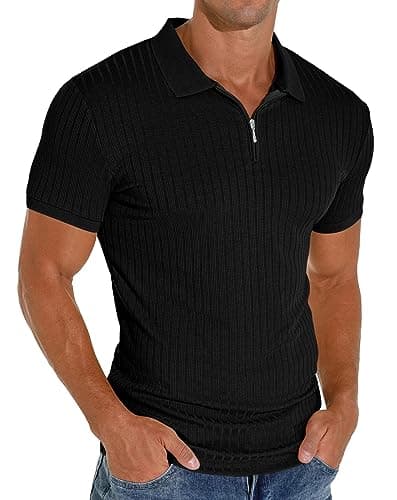 Image of PrinStory Men's Polos Short Sleeve Zip Polo Shirts Stretch Golf Vertical Striped Polo T-Shirt (Black, M)