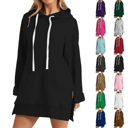 Image of AMDOLE Womens Ladies Plain Hoodie Pullover Longline Hoody Soft Casual Hooded Sweatshirt Top Long Sleeve Jacket Jumper Dress for Women UK Black 3XL