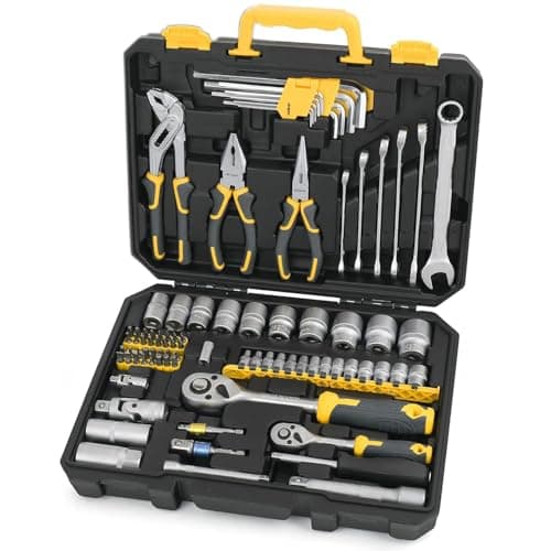 Image of Hi-Spec 89 Pc Mechanic Tool Set with Motorcycle and Car Tools. Includes Hand Tool Kit, Screwdriver and Socket Set, Allen Key, Ratchet and Adjustable Wrench in a Plastic Storage Tool Box