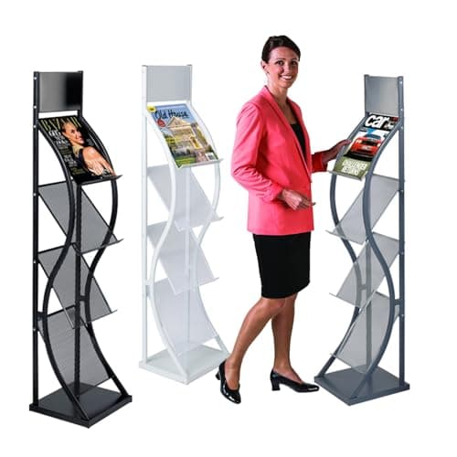 Image of Metroplan A4 Freestanding Leaflet Dispenser, White, Wave Brochure Holder, 4-tier Literature Shelves with a Header Panel Top - Ideal for Reception, Office, School, Hospitality, Retail