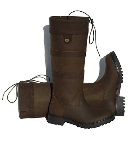 Image of Rhinegold ELITE BROOKLYN CHILDREN'S LEATHER COUNTRY BOOTS – Durable Kids' Waxy Leather Boots with Faux Suede Cuff & Drawstring – Non-Slip Sole for Yard, Country & Everyday Wear