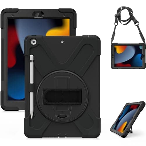 Image of Gerutek Case for iPad 9th 8th 7th Generation 10.2" (2021/2020/2019), Heavy Duty Shockproof Rugged Cover with 360° Rotating Stand & Hand Strap, Shoulder Strap, Pencil Holder Protective Shell, Black