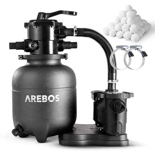 Image of Arebos Sandfilter System with Pump incl. 560g Filter Balls | Black | 350W | 9500 L/h | Tank Volume up to 20 kg Sand | 7-Way Valve with Handle | with Pressure Gauge | Pool Filter