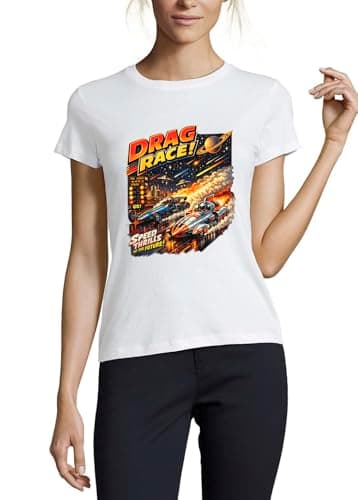 Image of Futuristic High-Speed Drag Race Crew Neck Cotton Women's T-Shirt White XX-Large