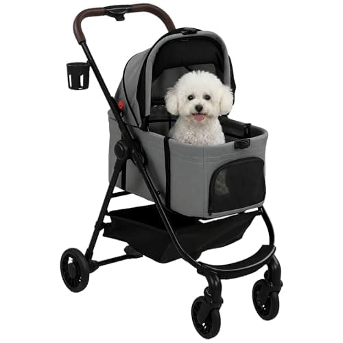 Image of Pawhut Dog Stroller, 3 in 1 Foldable Pet Stroller for Small Puppy Cat with Detachable Travel Carrier, 4 Wheels Dog Pram with Storage Basket, Seat Leashes, Mesh Window, Grey