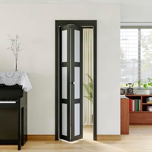 Image of Bifold Doors, 28"x 80" 3-Lite Tempered Frosted Glass Closet Door with Hardware Kit, Pre-Assembled Interior Bi Fold Doors for Pantry/with PVC Surface, Solid Build Quality & Easy Install, Black
